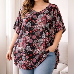 Ellos 34/36 Black Floral V-Neck Tunic with Pink, Red, White Blooms